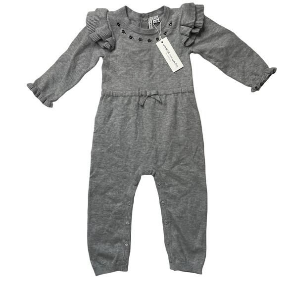 NWT Janie and Jack Grey Floral Ruffle Sweater Jumpsuit One Piece Sz 12-18 Months
